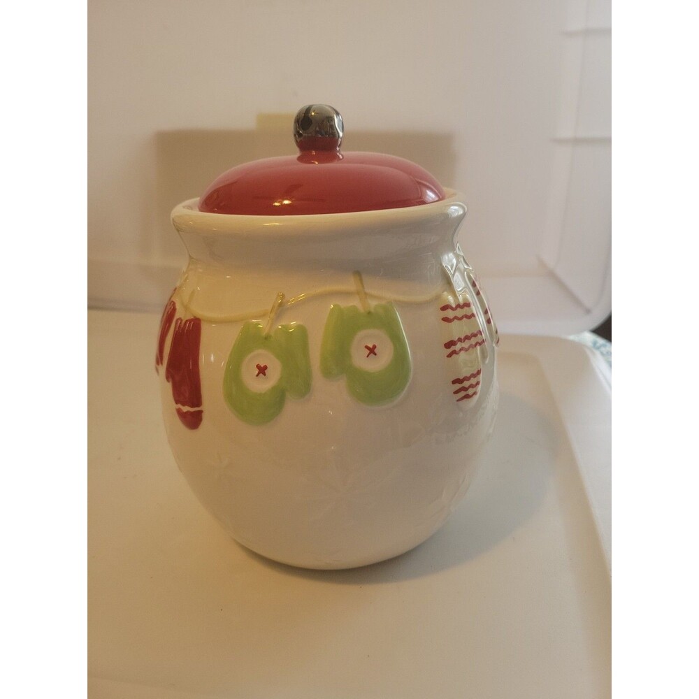 Hallmark Vintage Christmas Cookie Jar Mittens Clothesline Jingle Bell Ceramic